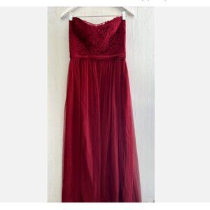 AMSALE Red Lace & Mesh Overlay Strapless Maxi Dress Gown Formal Size 10